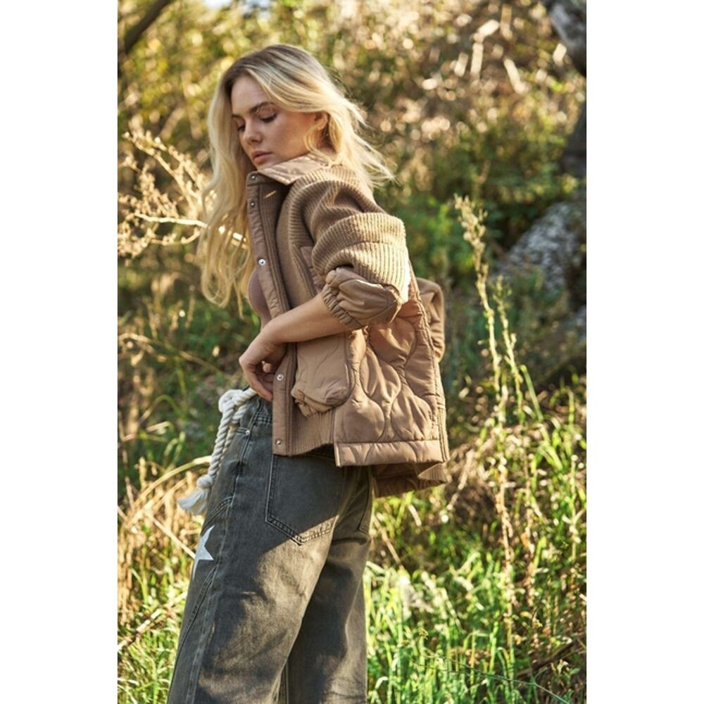 Mello Mocha Size Medium Ribbed Sweater Quilted Jacket